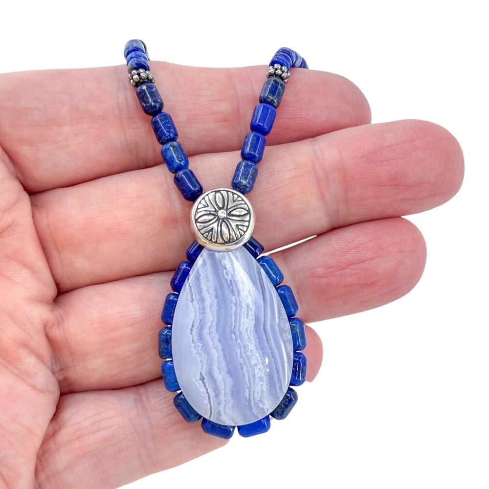 Vintage Sterling Silver 925 Blue Lace Agate Lapis Lazuli Bead Necklace 18-21"